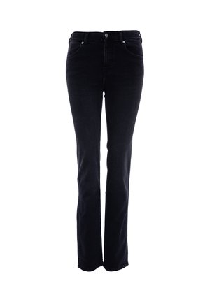 Schwarze Denim-Jeans mit Slim Fit, geraden Beinen, fünf Taschen und einem vorderen Knopfverschluss. Klassisches Design mit minimalem Detail.