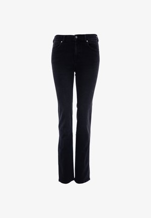 Schwarze Denim-Jeans mit Slim Fit, geraden Beinen, fünf Taschen und einem vorderen Knopfverschluss. Klassisches Design mit minimalem Detail.