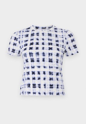 Kurzarmoberteil im weißen und marineblauen Batikmuster, mit einem runden Ausschnitt und einem figurbetonten Design aus strukturiertem Material.