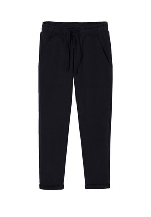 Black tapered sweatpants with elastic waistband, drawstring, side pockets, and rolled cuffs, displayed flat on a white background.