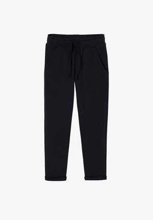 Schwarze, zulaufende Jogginghose mit elastischem Bund, Kordelzug, Seitentaschen und umgeschlagenen Bündchen, flach auf weißem Hintergrund präsentiert.