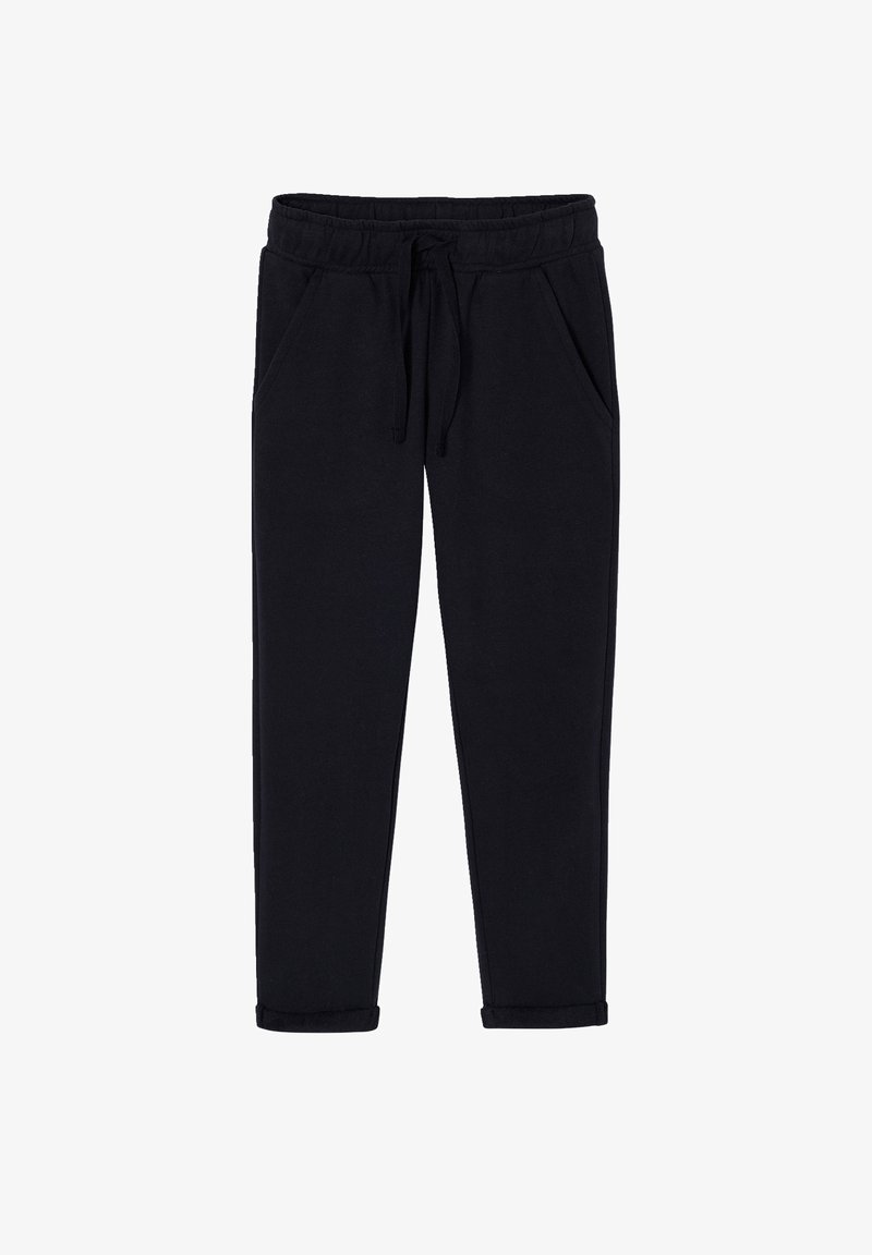 Black tapered sweatpants with elastic waistband, drawstring, side pockets, and rolled cuffs, displayed flat on a white background.