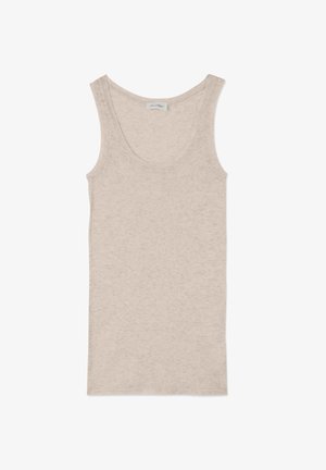 Débardeur sans manches beige en tissu léger, avec un col rond et une coupe décontractée, présentant un aspect doux et texturé.