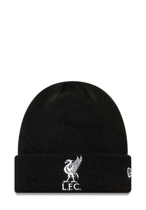 Berretto lavorato a maglia nero con risvolto, caratterizzato da un logo ricamato in bianco del Liverpool FC raffigurante un uccello del liver. Texture morbida e flessibile.