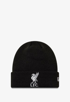 Schwarze Strickmütze mit umgeschlagenem Bund, die ein gesticktes weißes Liverpool FC-Logo eines Lebervogels zeigt. Weiche und flexible Textur.