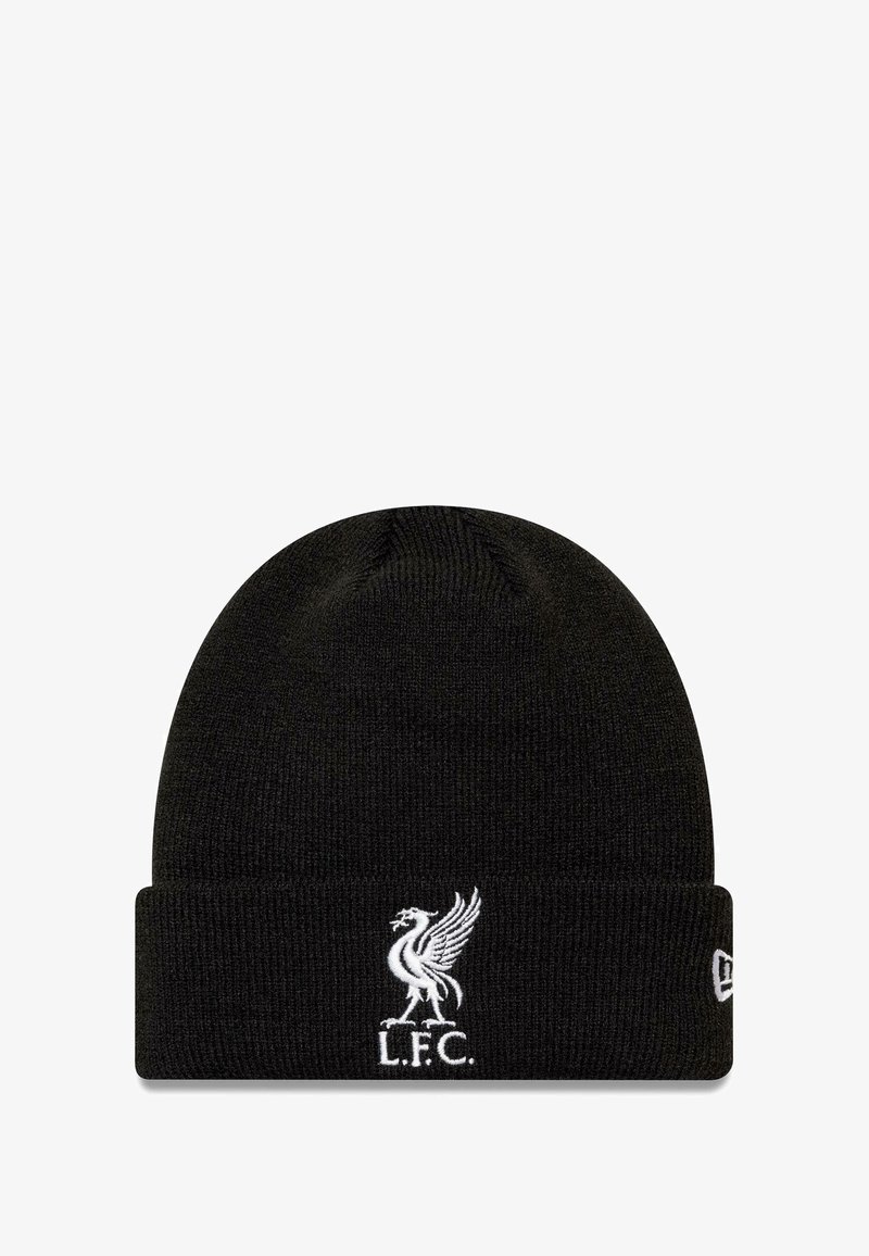 Bonnet en tricot noir avec un revers plié, arborant un logo Liverpool FC brodé en blanc représentant un oiseau de seize. Texture douce et flexible.