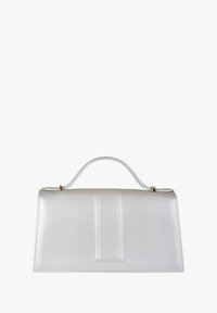 Borsa a mano vegana bianca in pelle sintetica con forma strutturata, manico superiore e dettaglio di cuciture verticali. Texture liscia e design minimalista.