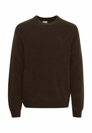 Maglione marrone a maglia con scollatura tonda, maniche lunghe e una texture morbida. Il design presenta un motivo a coste su tutta la superficie.