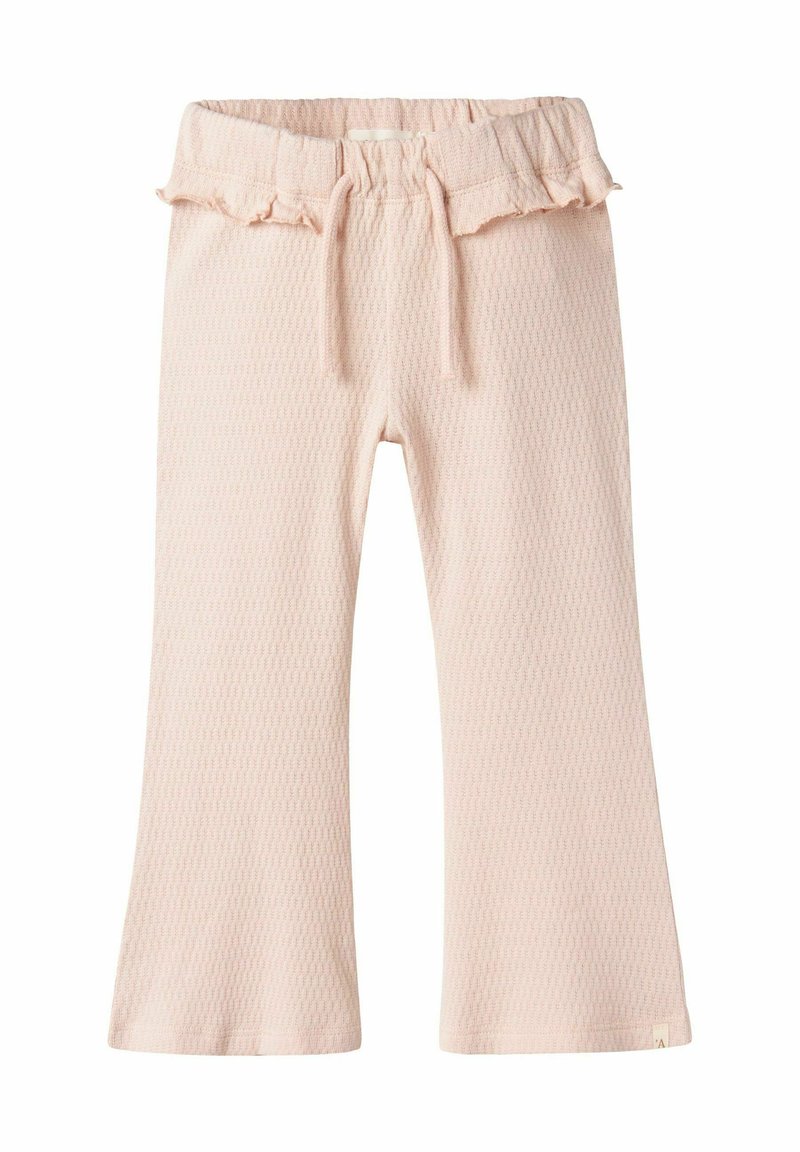 Blassrosa, waffle-texturierte Hose mit einem gerafften Taillenbund und verstellbarem Kordelzug; ausgestelltes Bein-Design; weicher, leichter Stoff.
