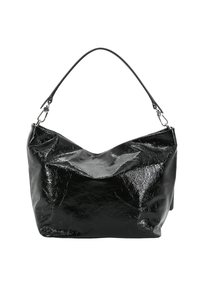 Black vegan leather shoulder bag with a crinkled texture, slouchy shape, and a single shoulder strap, featuring metallic accents.