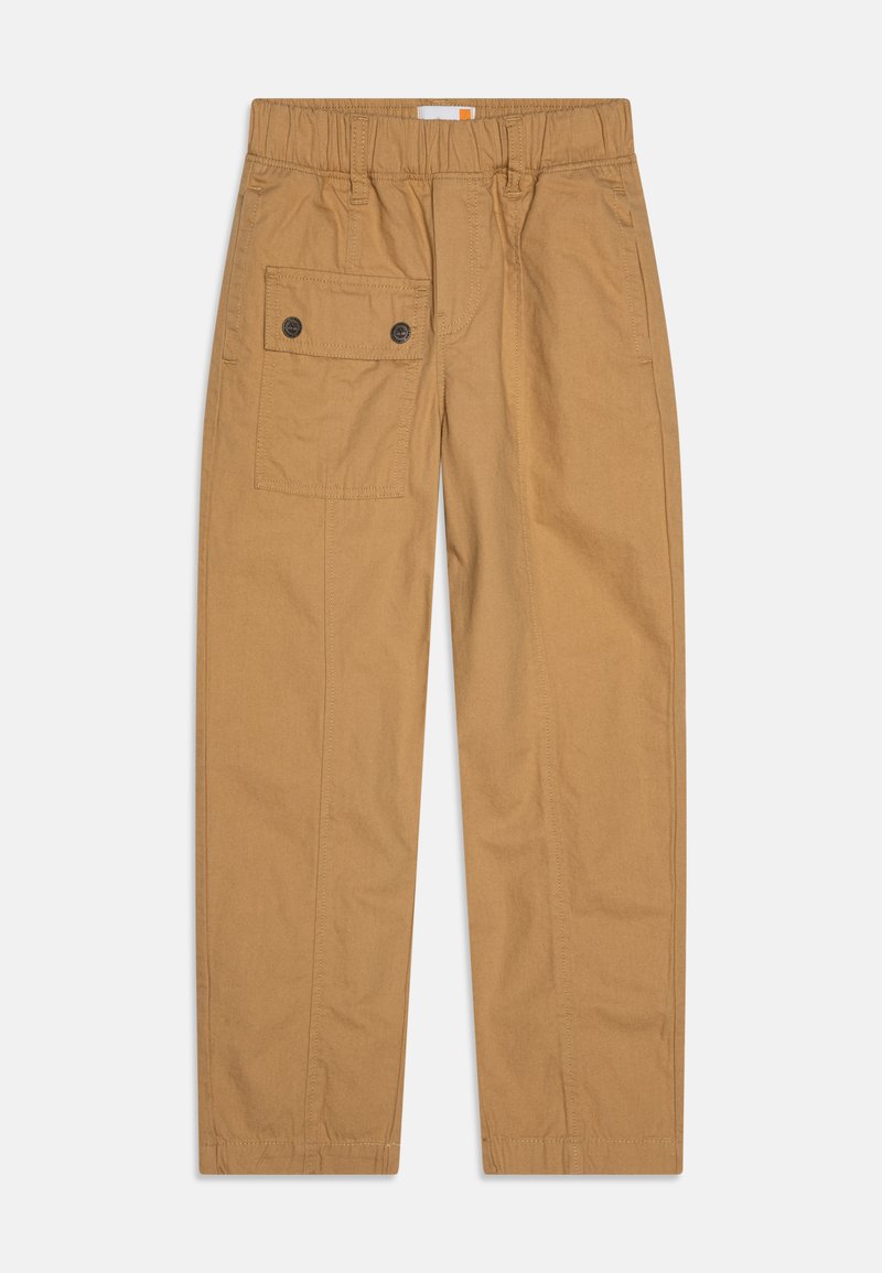 Καστανές βαμβακερές παντελόνες με ελαστική μέση, ίσια γραμμή, πλαϊνές τσέπες και μια μεγάλη τσέπη cargo με δύο κουμπιά στο μηρό.
