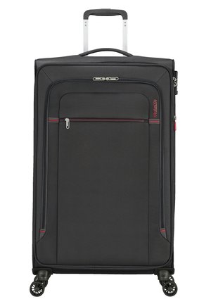 Black suitcase with a textured exterior, telescopic handle, dual wheels, front zipper pocket, and small red accents on the design.