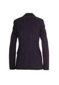 Blazer nero a righe con maniche lunghe, vestibilità aderente, rever a punta e tasche laterali. Tessuto testurizzato con una finitura liscia.