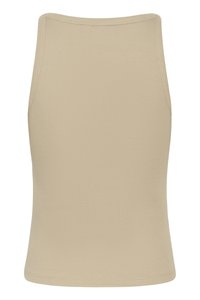Beige ribbet bomullstopp med rund hals og ermeløs design; glatt tekstur og en tettsittende fasong. Ingen synlig merkevare eller detaljer.