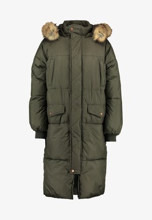 Olijfgroen pufferjack met een capuchon en nepbont, met twee frontzakken en een geborduurd patroon. Sluiting met knopen en rits.