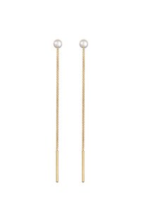 Guldörhängen med runda vita pärlor, som har en elegant design med förlängda kedjor och raka guldstänger i ändarna.