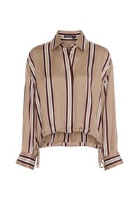 Crop top with a collared design, featuring vertical stripes in beige, burgundy, and white. Made from a smooth fabric with elasticized hem.