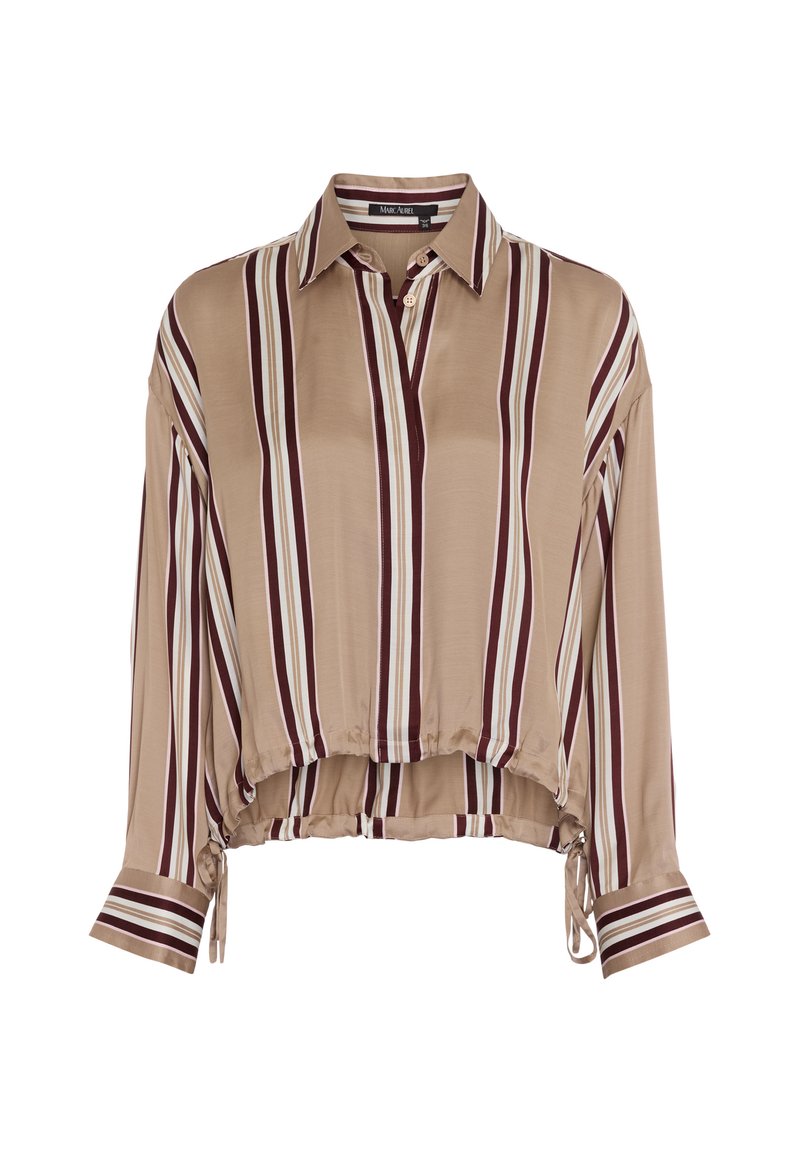 Crop top with a collared design, featuring vertical stripes in beige, burgundy, and white. Made from a smooth fabric with elasticized hem.