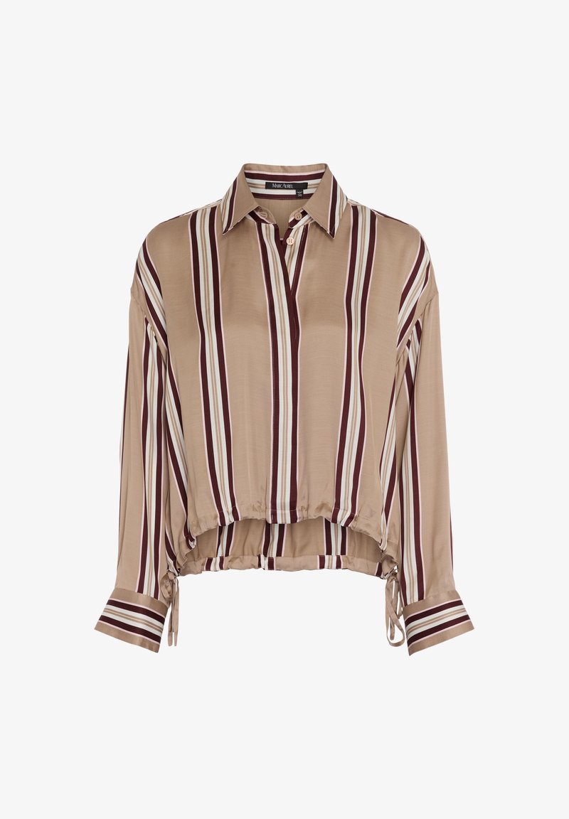 Crop top with a collared design, featuring vertical stripes in beige, burgundy, and white. Made from a smooth fabric with elasticized hem.