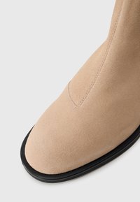 Μπεζ σουέτ μποτάκι στον αστράγαλο με στρογγυλή μύτη και μαύρη καουτσούκ σόλα σε αντίθεση. Διαθέτει καθαρές ραφές και απαλό φινίρισμα.