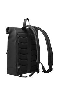 Black roll-top backpack with smooth exterior and textured padded back panel. Features adjustable straps and a side zip pocket.