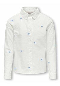 Camisa blanca de manga larga con cuello, que presenta motivos de corazones bordados en azul dispersos por toda la prenda. Diseño clásico de botones.