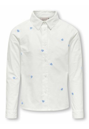 Camicia bianca a maniche lunghe con colletto, caratterizzata da motivi a cuore ricamati in blu sparsi su tutto il tessuto. Classico design con bottoni.