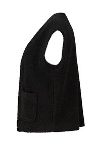 Zwarte mouwloze vest van gestructureerde fleece, met een brede armsgat en een enkele voorkantzak aan de linkerkant.