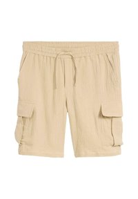 Beige Leinen-Cargo-Shorts mit einem elastischen Bund, einer Kordel und zwei Seitentaschen. Texturiert mit sichtbaren Nähten.