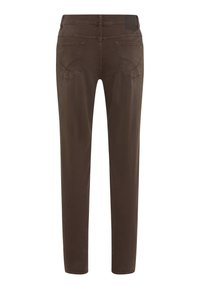 Pantaloni in denim marrone con vestibilità slim, dotati di due tasche posteriori, una texture liscia e un'etichetta in vita.