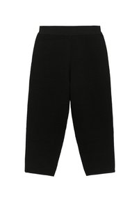 Pantalons noirs à jambes larges avec un design côtelé texturé et une taille élastique, présentant une coupe ample et une longueur raccourcie.