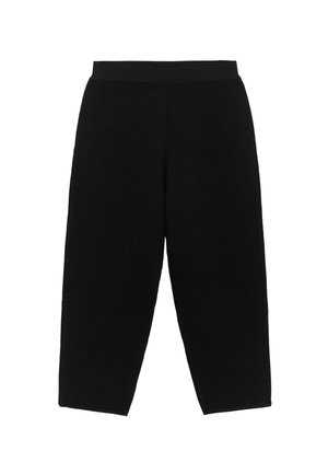 Zwarte wijde broek met een textuur ribbelontwerp en een elastische tailleband, met een losse pasvorm en een cropped lengte.