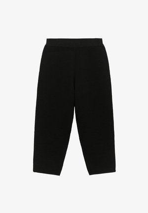 Zwarte wijde broek met een textuur ribbelontwerp en een elastische tailleband, met een losse pasvorm en een cropped lengte.