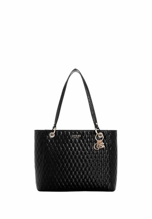 Sac cabas matelassé noir Guess avec deux sangles d'épaule et détail breloque doré à l'avant.