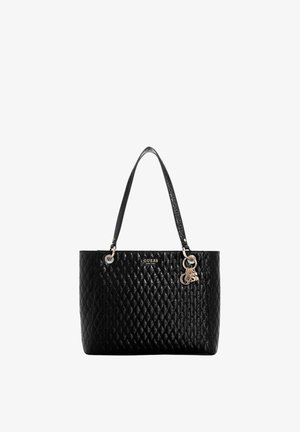 Sac cabas matelassé noir Guess avec deux sangles d'épaule et détail breloque doré à l'avant.