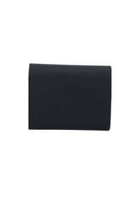 Portafoglio in pelle nera con finitura testurizzata, forma rettangolare e bordo cucito. Design compatto con chiusura a soffietto.