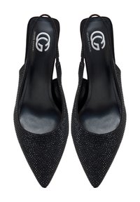 Musta kärkiosa slingback-kengät, joissa on teksturoitu pinta, joka on peitetty pienillä mustilla strasseilla. Kengissä on sileä satiinipohja ja brändäys sisällä.