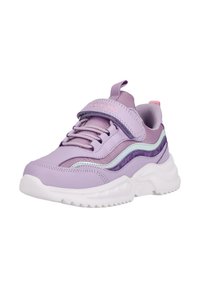 Lila sneakers med en texturerad syntetisk ovandel, vadderad tunga och justerbar rem, med vit sula och flerfärgade accenter.