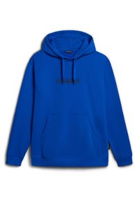 Sudadera con capucha azul, hecha de un tejido suave, con un bolsillo tipo canguro en la parte frontal y un logo negro en el pecho. Puños y dobladillo de canalé.