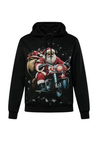 Černá mikina s kapucí se barevným grafickým motivem Santa Clause na motorce, s pytlem dárků, na zasněženém pozadí.