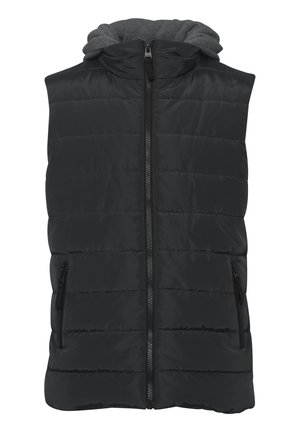 Zwarte puffervest met een ritssluiting aan de voorkant, een capuchon en twee zijzakken. Kenmerkt zich door horizontale stiksels en een gladde, glanzende buitenkant.