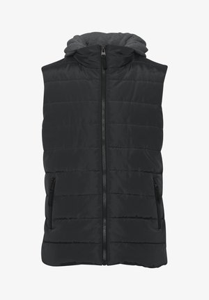 Mustapuhuva vest, jossa on vetoketjukiinnitys, huppu ja kaksi sivutaskua. Ominaisuuksina vaakasaumat ja sileä, kiiltävä pinta.