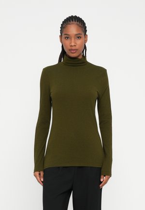 Oliven grøn, langærmet turtle neck-top lavet af blødt, strækbart materiale, tætsiddende silhuet, sømløst design, glat tekstur.