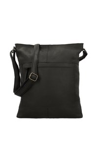 Borsa a spalla nera in pelle con tracolla regolabile, superficie liscia e tasca frontale con zip. Design pulito e moderno con hardware minimale.
