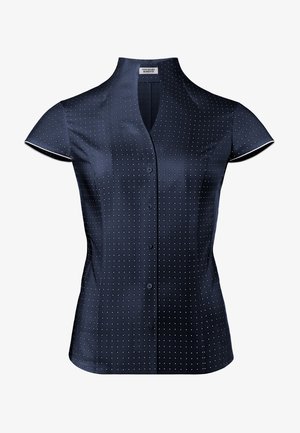Navy blue short-sleeve shirt with a V-neck, featuring small white polka dots, a button front, and a fitted design. Smooth satin fabric.