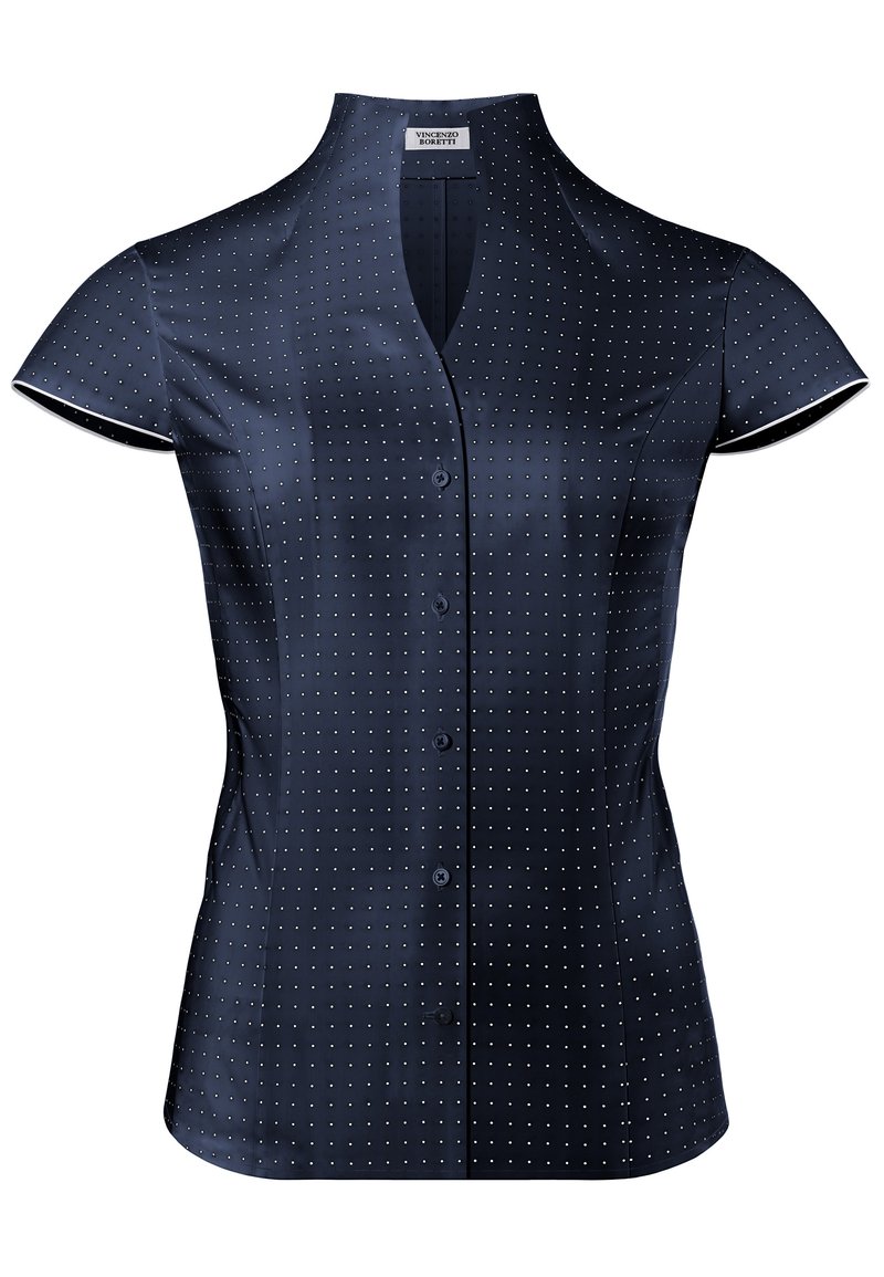 Marineblauwe shirt met korte mouwen en V-hals, voorzien van kleine witte stippen, een knoopsluiting aan de voorkant en een getailleerd ontwerp. Gladde satijnstof.