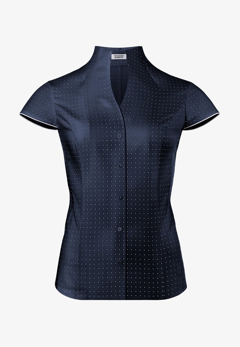 Navy blue short-sleeve shirt with a V-neck, featuring small white polka dots, a button front, and a fitted design. Smooth satin fabric.