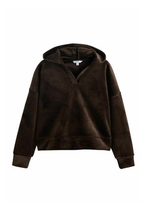 Brown velour hoodie with a v-neck, long sleeves, and ribbed cuffs. Soft texture, relaxed fit, ideal for casual wear.