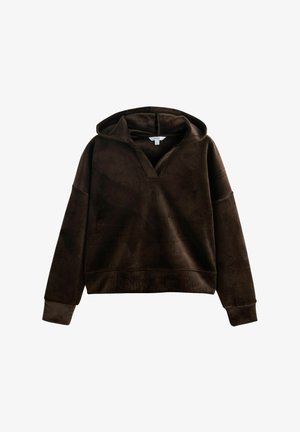 Brown velour hoodie with a v-neck, long sleeves, and ribbed cuffs. Soft texture, relaxed fit, ideal for casual wear.