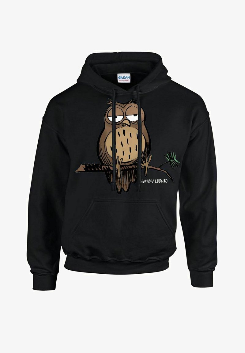 Schwarzer Hoodie mit einem cartoonhaften Design einer Eule in Braun mit übertriebenen Augen, die auf einem Ast sitzt. Mit einer vorderen Tasche und Kordelzugkapuze.